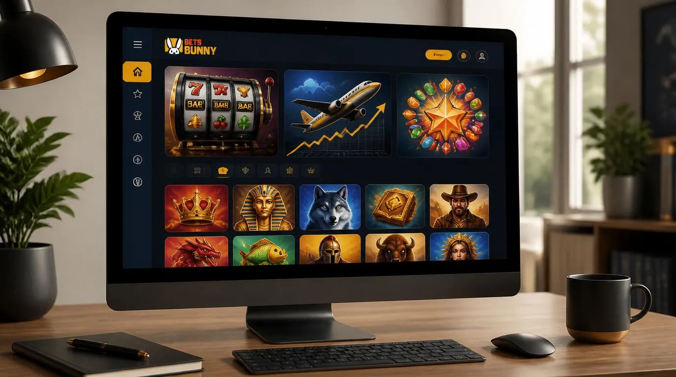 Moderne Casino-Oberfläche mit Spielkacheln für Slots und Crash-Spiele auf einem Desktop-Monitor