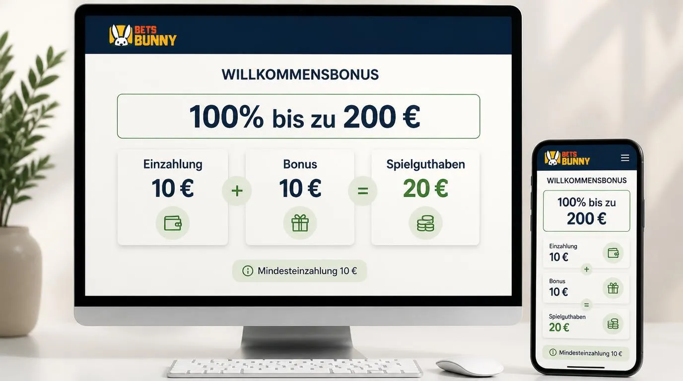 Bonusübersicht mit 100% bis zu 200 € und einem Rechenbeispiel für 10 € Einzahlung plus 10 € Bonus