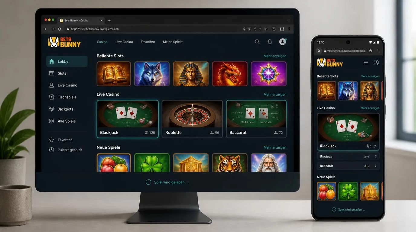 Desktop und Smartphone mit übersichtlicher Casino-Lobby, Slotansicht und digitalen Tischspielen