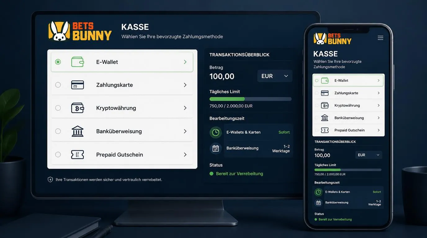 Kassenübersicht mit E-Wallet, Karte, Kryptowährungen, Banküberweisung und Gutschein neben einer Limitprüfung