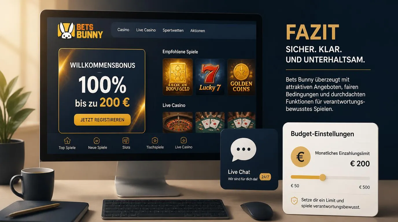 Casino-Angebotskarte mit 100% bis zu 200 €, Live-Chat-Symbol und Einstellungen für ein persönliches Spielbudget
